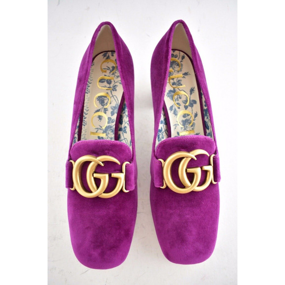 Gucci Victoire Fucsia Velvet Double GG Logo Block Mid Heel Mule Loafer Pump 36.5 - Picture 8 of 13